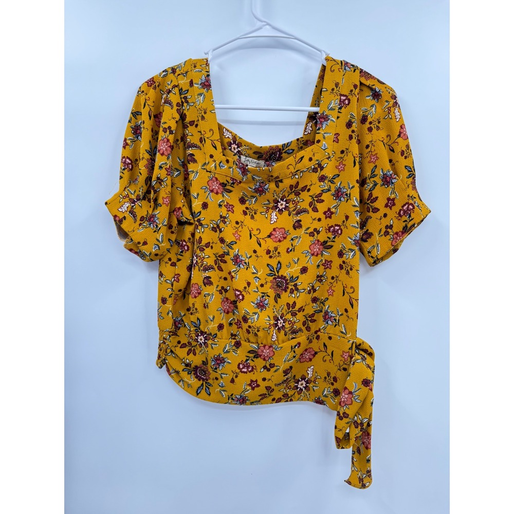 Lily Rose Medium Floral Blouse Womens Mustard Yellow Square Neck Side Tie Top